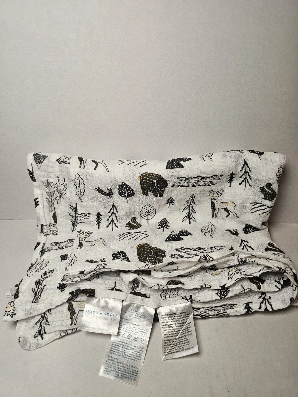 aden + anais Woodland Muslin 100% Cotton Blanket - White w/ Black & Gold Accents